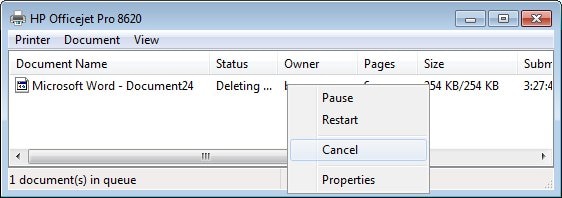  The Windows print spooler window showing a document with the status of "Deleting".